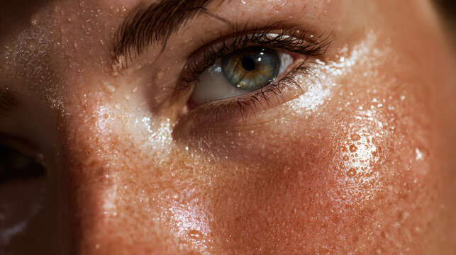 Macro closeup of eye and cheek with sweat droplets showing natural skin texture, shine, and perspiration