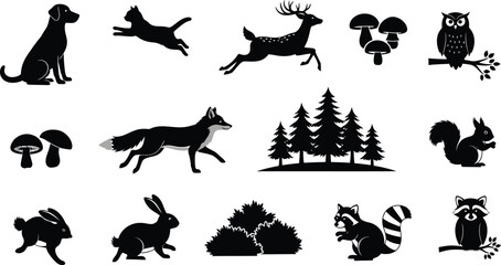 Fototapeta premium Woodland creature silhouette collection featuring various animals and trees