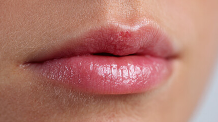 Obraz premium Macro closeup of human lips with visible cold sore and irritation highlighting dryness, cracking and viral infection symptoms