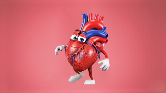 A creative 3D animation of a personified human heart character with eyes, arms, and legs performing a joyful dance. Set against a solid pink background, this asset is ideal for healthcare awareness, r