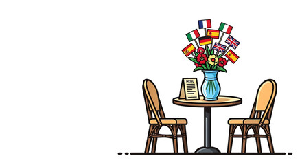 Fototapeta premium A colorful vector illustration of a small restaurant table with two chairs, a vase of flowers, and a menu, surrounded by international flags.