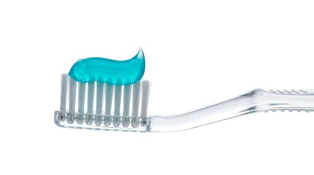 Close-up of a toothbrush with toothpaste, promoting dental hygiene. The vibrant blue toothpaste contrasts with the clean bristles
