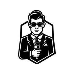Fototapeta premium Vector illustration of a male reporter wearing sunglasses holding a microphone inside a frame