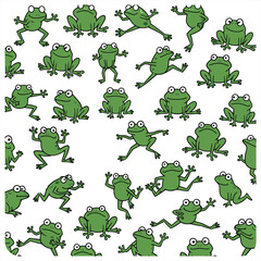 Fototapeta premium Many green frogs are jumping and playing on a white surface together happily