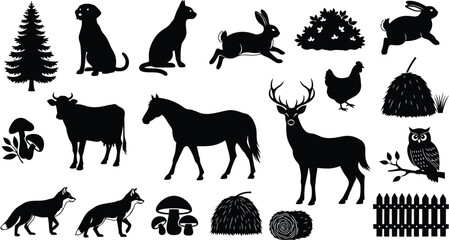 Obraz premium Silhouette of various animals and objects in a forest setting silhouette
