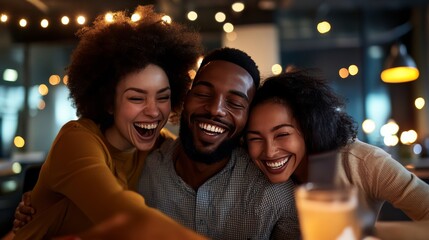 Fototapeta premium Joyful friends celebrating together in a cozy home lifestyle photography warm atmosphere close-up viewpoint emphasizing connection and happiness