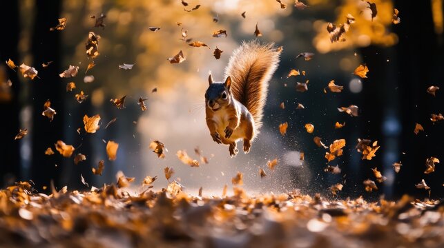 Squirrel leaps through autumn leaves in park