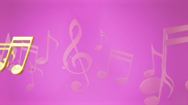 A collection of 3D musical symbols, including a treble clef and quavers, floating in a soft pink space. This loopable background is ideal for music education, concerts, or creative artistic themes.