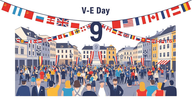 A vibrant illustration of a crowd celebrating V-E Day with flags and banners in a European city