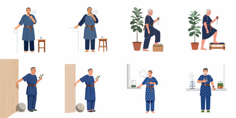 Fototapeta premium Collection of illustrations showing an elderly man performing pulmonary rehabilitation, using an inhaler, and doing light physical exercises for respiratory health.