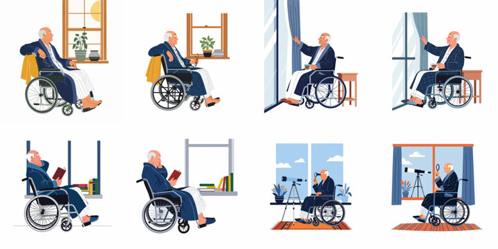 Set of flat vector illustrations of an elderly man in a wheelchair participating in different hobbies and routines at home.