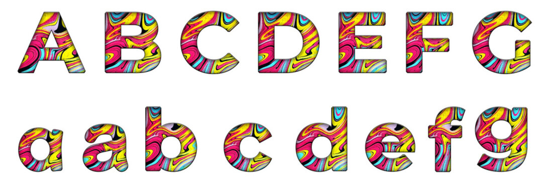 Abstract psychedelic pattern acid stains a, b, c, d, e, f, g word design text alphabet letter typography font design