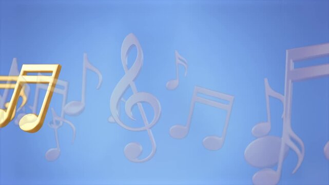 A peaceful and creative video background featuring white stylized musical notes and a treble clef slowly floating and dancing against a soft blue sky-like background. Ideal for music therapy, educatio
