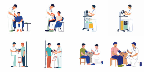 Fototapeta premium Set of vector illustrations showing doctors performing medical checkups, measuring blood pressure, and using medical equipment for patient diagnosis and care.