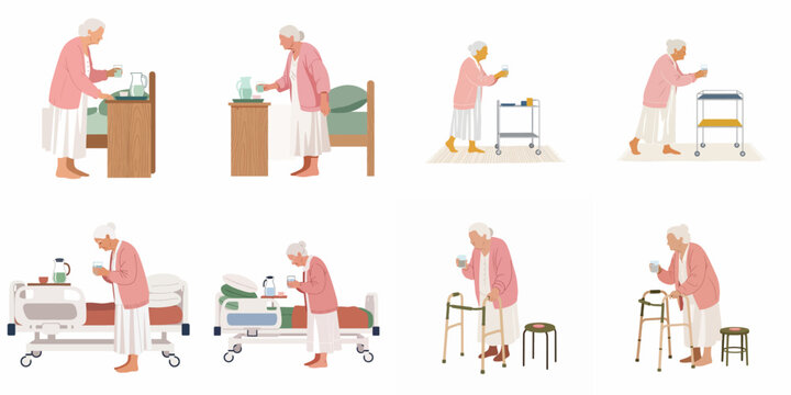 Set of illustrations depicting an elderly woman in a healthcare setting, focusing on hydration, mobility with a walker, and hospital bed patient care.
