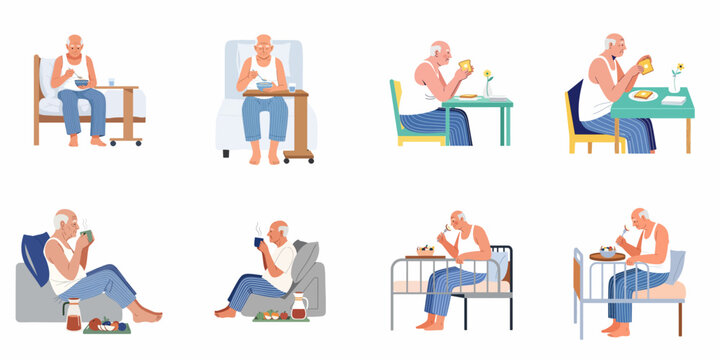 Flat vector illustration set of an elderly man eating breakfast and meals in bed, sitting at a table, or relaxing in a nursing home.