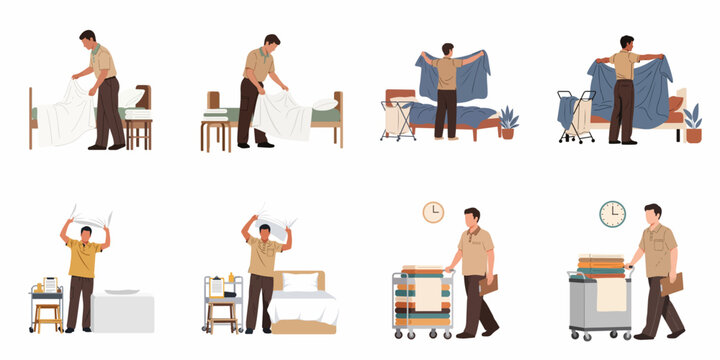 Vector Illustration of a Male Hotel Housekeeper performing Various Bedmaking and Laundry Duties in a Hospitality Setting