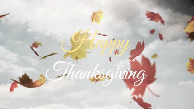 Happy thanksgiving text over multiple autumn maple leaves falling against clouds in the sky