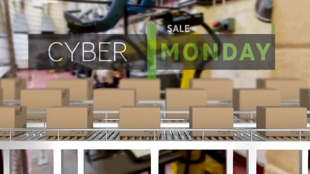 Animation of cyber monday text over cardboard boxes on conveyor belts in warehouse
