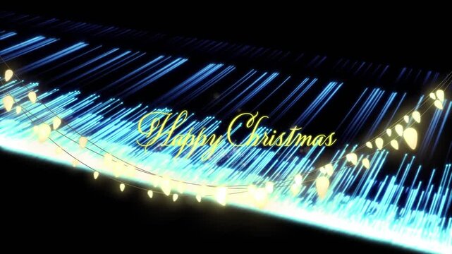 Animation of happy christmas text over fairy lights and blue light trails