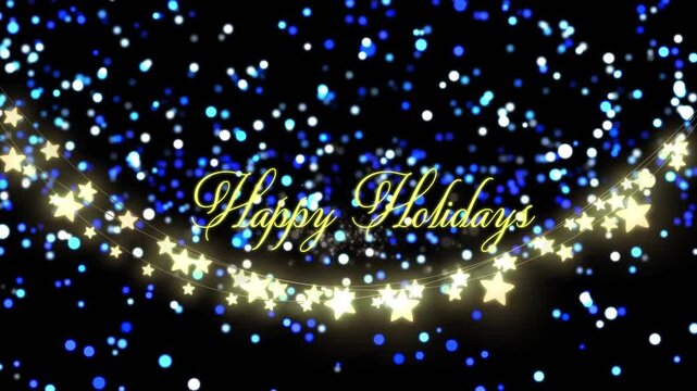 Animation of happy holidays text over stars and light spots on black background