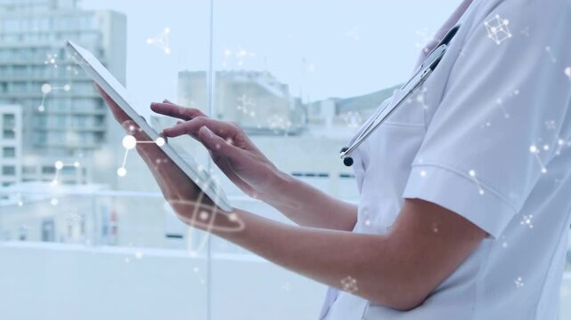 Animation of molecules over caucasian female doctor using tablet