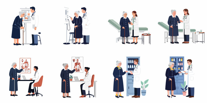 Illustrations of an elderly woman during medical consultations with healthcare professionals, including doctors, nurses, and pharmacists in various clinical settings.