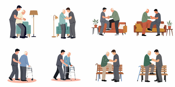Flat illustration set depicting a male caregiver assisting an elderly man with various mobility tasks like walking with a walker and standing up.