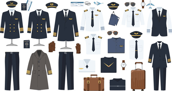 Professional aviation pilot uniform vector set featuring captain jackets shirts with epaulettes hats travel luggage and flight accessories isolated on white background.
