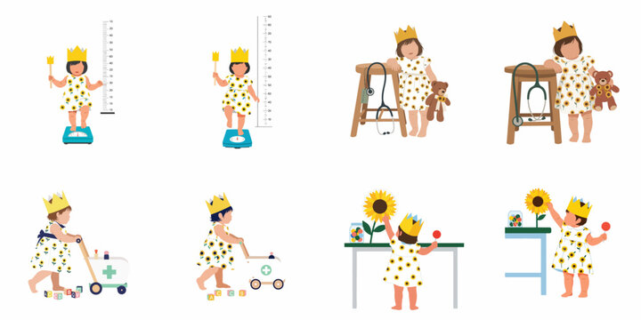 Set of flat vector illustrations depicting a toddler girl in a sunflower dress during medical check-ups and playtime activities.