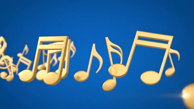 Shiny 3D golden musical notes floating and moving against a solid blue background. This elegant animation is perfect for music-themed videos, concert promotions, and audio-related social media content