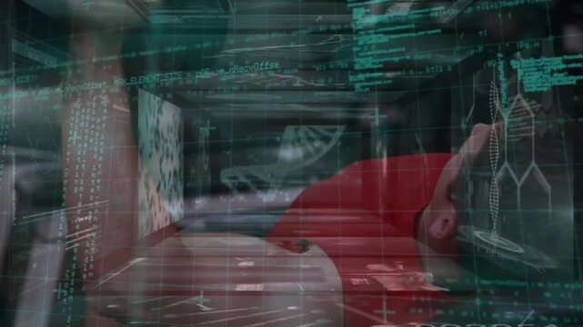 Animation of medical data processing over fit caucasian men