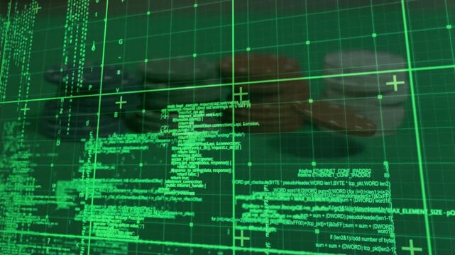 Animation of data processing over casino chips and grid