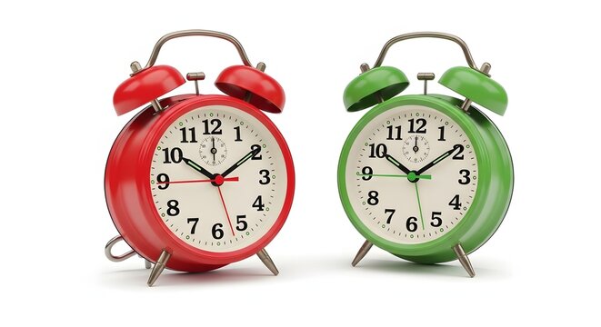 Vintage alarm clocks, red and green, analog timepieces, desk clocks, retro style