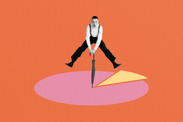 Naklejka premium Banner full 3d photo trend image collage of happy businessman jump diagram statistics icon hold umbrella manage progress career