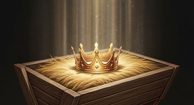 A golden crown with rays of light shining down on it, placed in a wooden box with a fur lining.