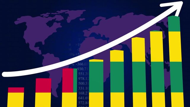 Financial Growth Chart: A compelling visual representation of financial expansion, featuring a rising arrow superimposed over a colorful bar graph and a subtle world map background.
