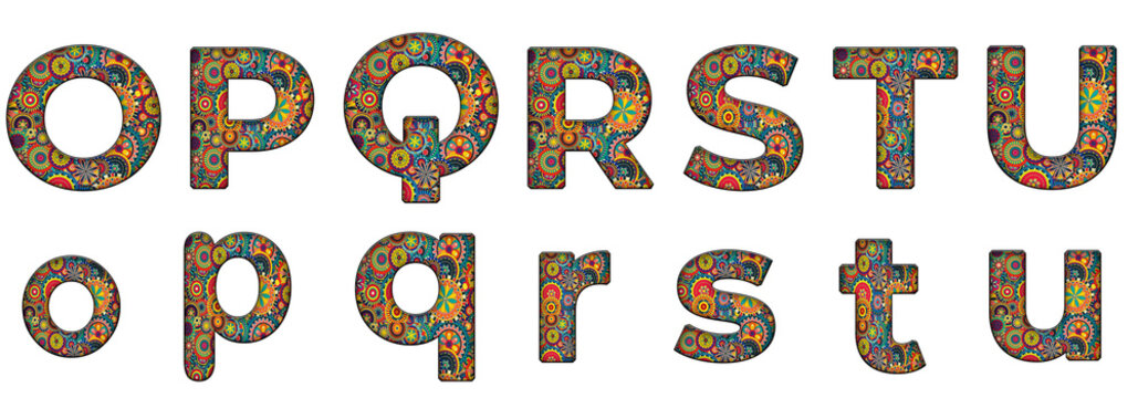 Boho pattern aztec floral arfican o, p, q, r, s, t, u word design text alphabet letter typography font design