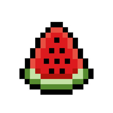 Vibrant pixel art watermelon slice, a refreshing digital illustration perfect for retro gaming themes, summer designs, or healthy snack graphics in a nostalgic 8-bit style