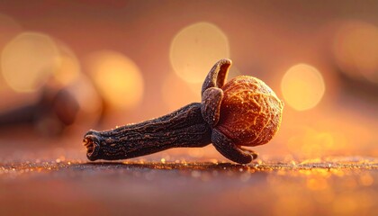 Obraz premium Single Clove Spice Macro Shot with Bokeh Background for Health and Wellness Concepts.