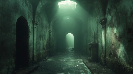Obraz premium Eerie Green Light in Abandoned Stone Hallway with Arched Ceiling and Doorways.