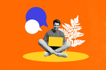 Obraz premium Composite sketch design artwork 3D photo collage of young man sit work laptop bubble email texting speech cloud chatting text note nature