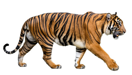 Fototapeta premium A majestic striped Bengal tiger on a powerful stride, showing its wild nature and strength.