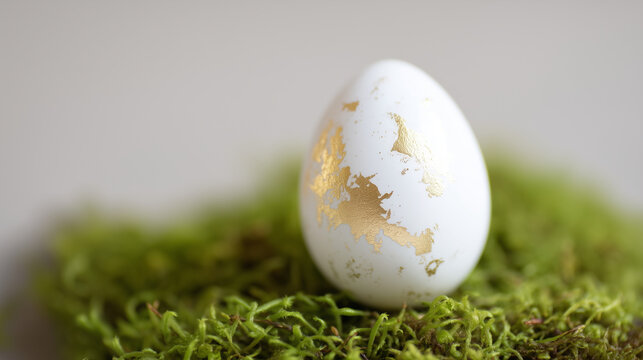 Extreme macro of a single white Easter egg with a minimalist gold leaf pattern, resting on a bed of fresh moss, Western Easter aesthetic, sharp focus on the gold glint and moss fib