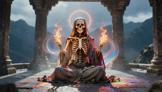 A skeleton statue sitting on the ground in front of a doorway.