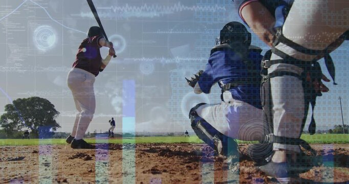 Animation of data processing over caucasian baseball players