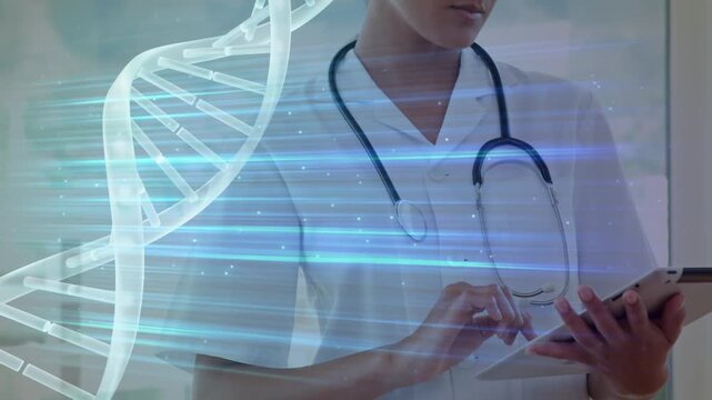 Animation of graphical rotating dna helix and lightbeam over female doctor using digital pc