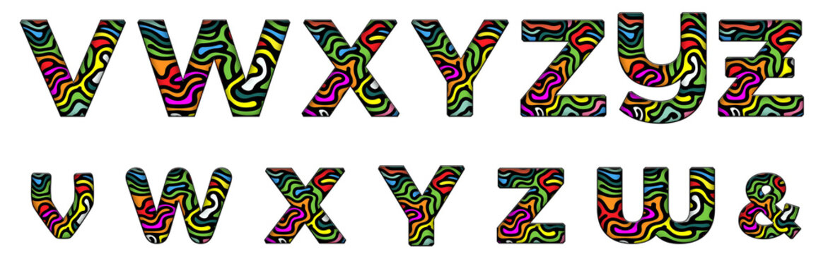 colourful swirl style pattern design V, W, X, Y, Z word design text alphabet letter typography font design