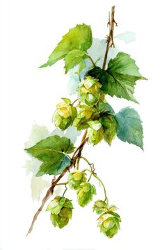 Watercolor hops vine illustration on white background