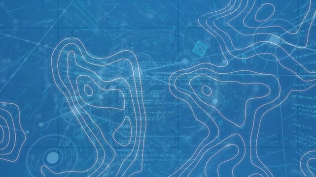 Animation of data, isohypses, connections and globe on blue background